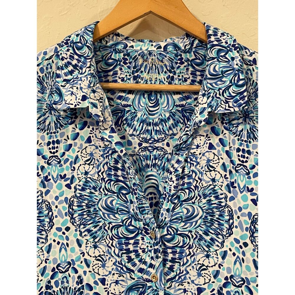 ~ Lilly Pulitzer Lg Captain Popover Button Dress Blue Shells Beachy Pockets